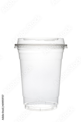 Empty plastic coffee cup isolated on white background. Clear plastic cup mockup for coffee, milkshake or juice.