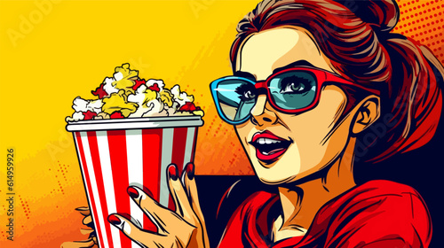 Illustration of Girls with glasses eats popcorn while watching a movie. Cute cartoon pop art comic style. Girls with glasses eats popcorn.