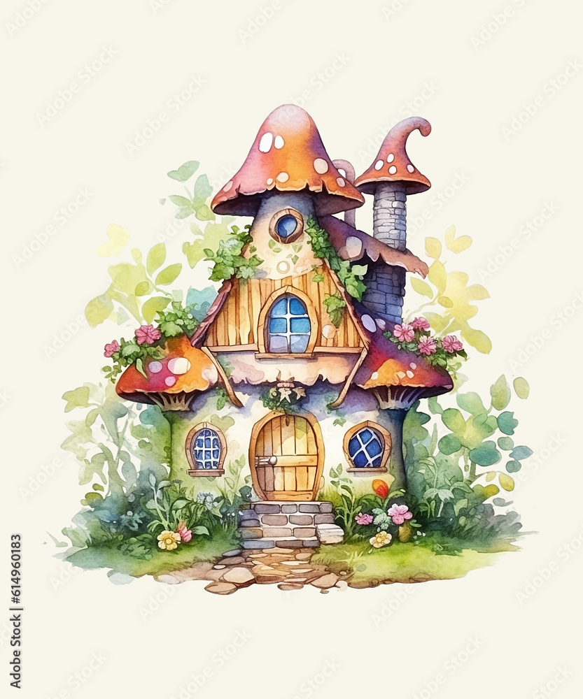 Fairy House Watercolor Sublimation, Fairy House Watercolor Clipart Bundle, Generative AI