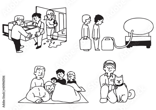 自然災害が起きた時の避難の様子や復旧に関してのイラストセット