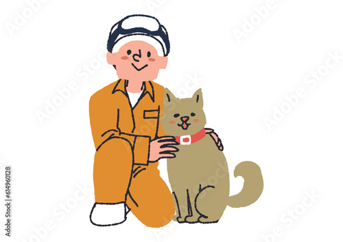 行方不明の人を発見して助ける救助犬と救助隊の人物のイラスト