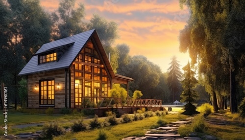 Log cabin in the mountains, scenic holiday tree house