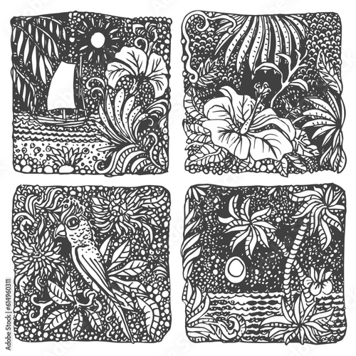 Set of vector doodle vintage sketches. Black and white hand drawn Hawaii island, palm, ocean waves, fantasy leaves, hibiscus flower. Coloring book page