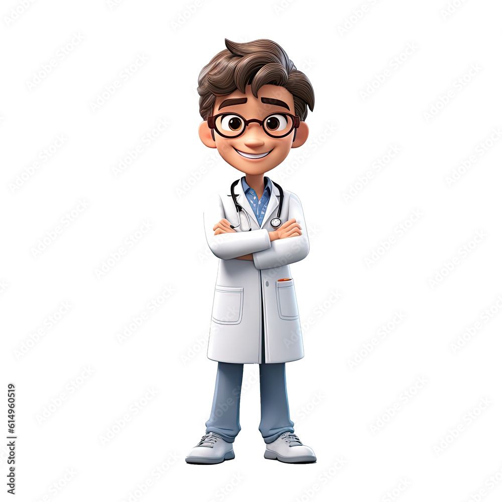 3D Happy cartoon doctor. Cartoon doctor on transparent background. Generative AI