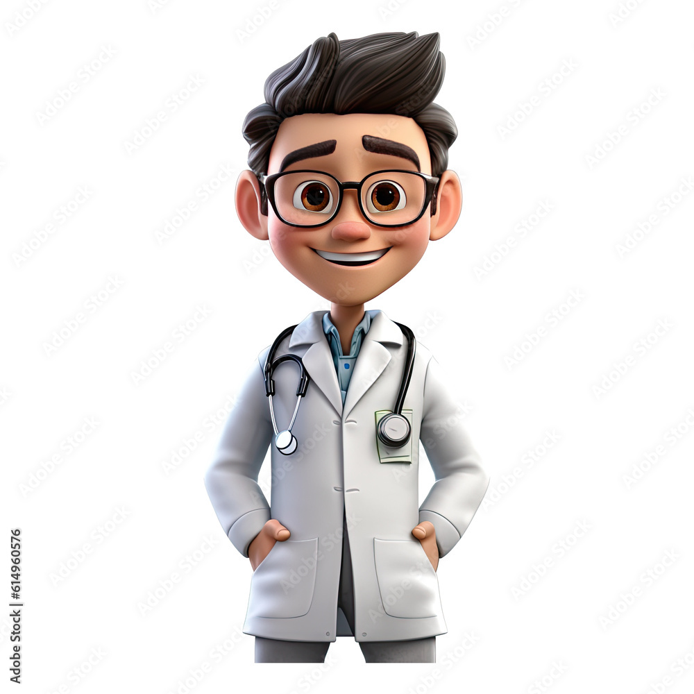 3D Happy cartoon doctor. Cartoon doctor on transparent background. Generative AI