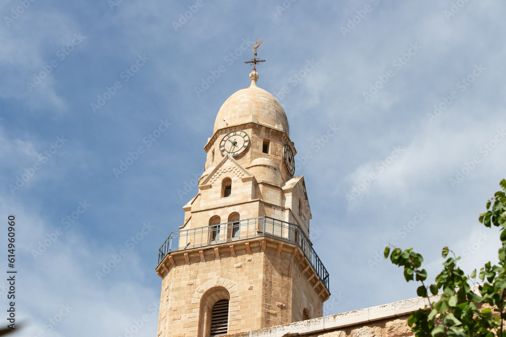 The Bell Tower of the Abbey of Dormition on Mount Zion. The old city of Jerusalem.
