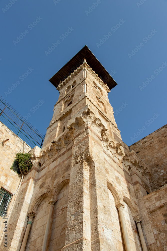 The Ghawanima Minaret. The south part the Temple Mount and the Bab el Ghawanima Minaret in the Old Town of Jerusalem in Israel