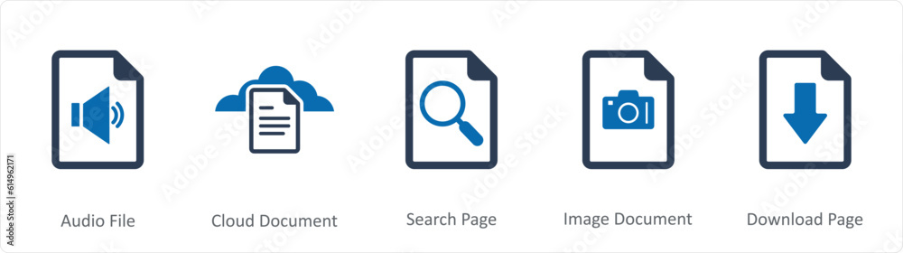 A set of 5 Document icons as audio file, cloud document, search page A set of 5 Document icons as audio file, cloud document, search page