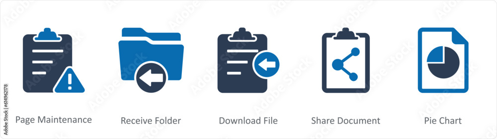 A set of 5 Document icons as page maintenance, receive folder, download file A set of 5 Document icons as page maintenance, receive folder, download file