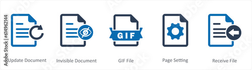 A set of 5 Document icons as update document, invisible document, gif file
