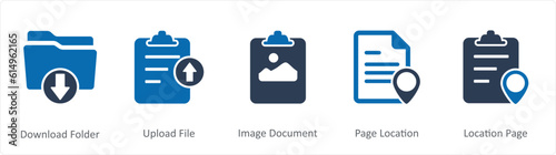 A set of 5 Document icons as download folder, upload file, image document