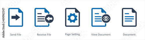 A set of 5 Document icons as send file, receive file, page setting