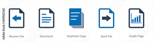 A set of 5 Document icons as receive file, document, duplicate copy