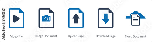 A set of 5 Document icons as video file, image document, upload page