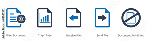 A set of 5 Document icons as view document, graph page, receive file