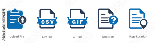 A set of 5 Document icons as upload file, csv file, gif file