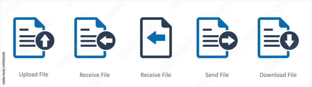 A set of 5 Document icons as upload file, receive file, send file A set of 5 Document icons as upload file, receive file, send file