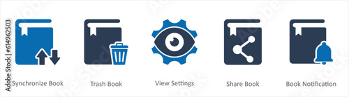 A set of 5 Document icons as synchronize book, trash book, view settings