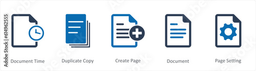 A set of 5 Document icons as document time, duplicate copy, create page