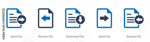 A set of 5 Document icons as send file, receive file, download file 