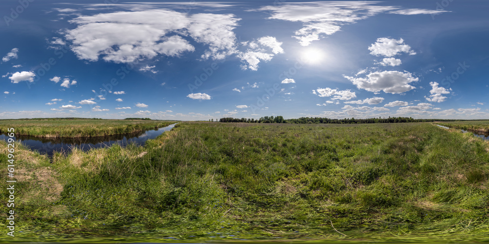 spherical 360 hdri panorama among green grass farming field near melioration reclamation canal in equirectangular seamless projection, as sky dome replacement, game development as skybox or VR content