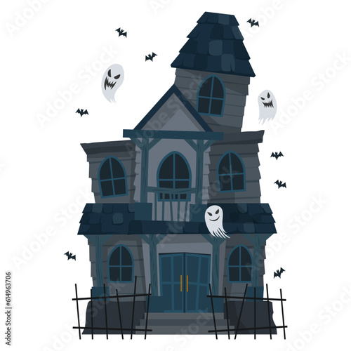 Creepy Haunted House or castle mansion Abandoned home with ghost and bat for halloween concept illustration