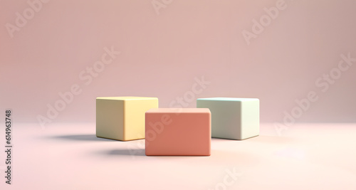 Abstract minimal concept. Pastel multi colour background with podium, abstract geometric cube box landscape. Mock up template for product presentation. 3D rendering. copy text space   © Sandra Chia