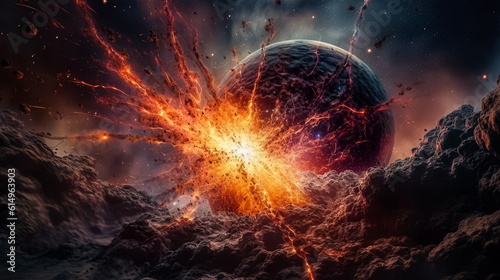 3D rendering of an alien planet in space with a blast of fire. Generative Ai illustration
