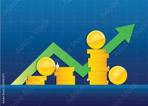 arrow going up behind a pile of gold coins