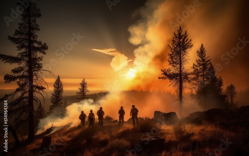 Firefighters fighting a fire in a burning building with smoke and flames, Generative AI © tanatat