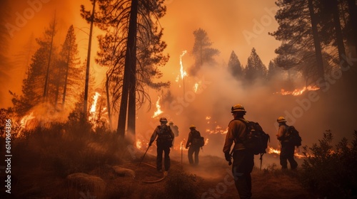 Firefighters fighting a fire in a burning building with smoke and flames, Generative AI © tanatat