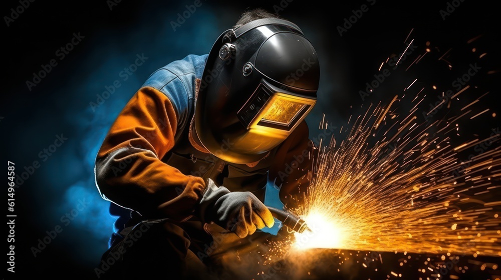 Welder in protective mask welding metal with sparks and smoke on dark background, Generative AI Welder in protective mask welding metal with sparks and smoke on dark background, Generative AI