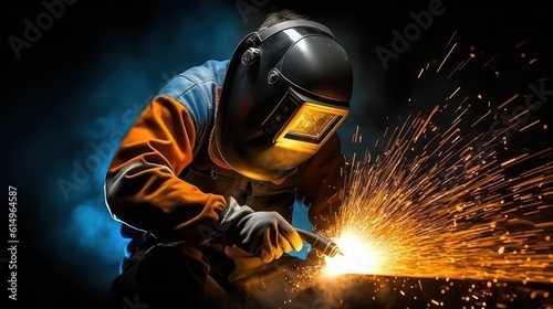 Welder in protective mask welding metal with sparks and smoke on dark background, Generative AI