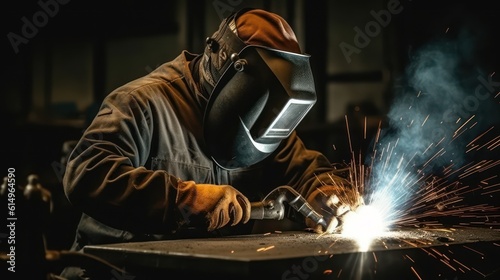 Welder in protective mask welding metal with sparks and smoke on dark background, Generative AI © tanatat