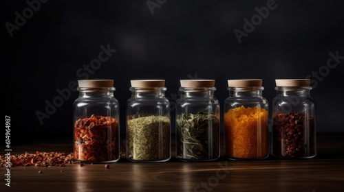 Spices and herbs in wooden spoons on dark background. Food and cuisine ingredients, Generative AI