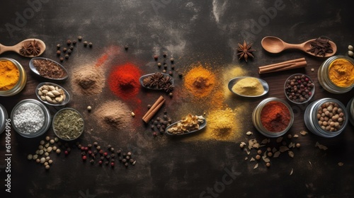 Spices and herbs in wooden spoons on dark background. Food and cuisine ingredients  Generative AI