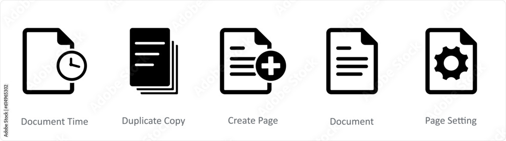 A set of 5 Document icons as document time, duplicate copy, create page A set of 5 Document icons as document time, duplicate copy, create page