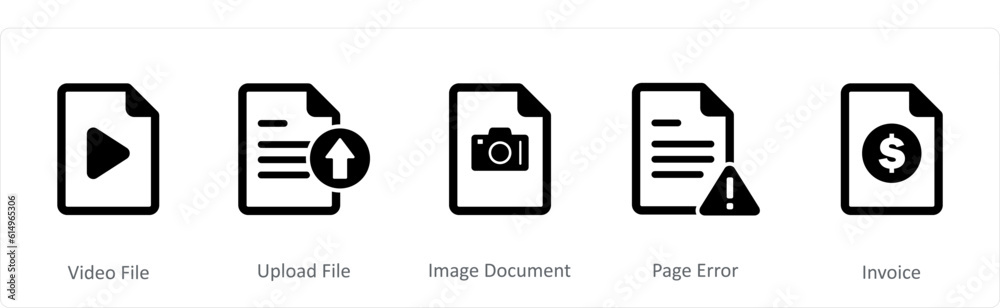 A set of 5 Document icons as video file, upload file, image document A set of 5 Document icons as video file, upload file, image document