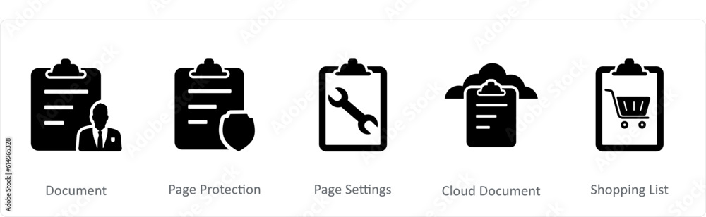 A set of 5 Document icons as document, page protection, page settings