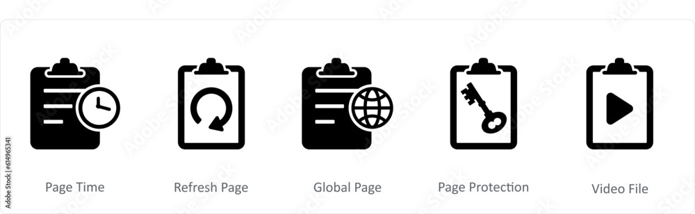 A set of 5 Document icons as page time, refresh page, global page A set of 5 Document icons as page time, refresh page, global page