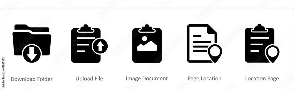 A set of 5 Document icons as download folder, upload file, image document A set of 5 Document icons as download folder, upload file, image document