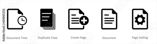A set of 5 Document icons as document time, duplicate copy, create page