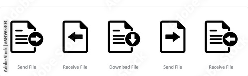 A set of 5 Document icons as send file, receive file, download file 