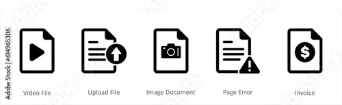 A set of 5 Document icons as video file, upload file, image document