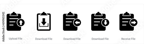 A set of 5 Document icons as upload file, download file, receive file 