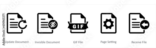 A set of 5 Document icons as update document, invisible document, gif file