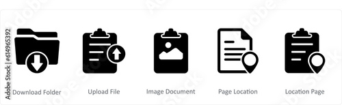 A set of 5 Document icons as download folder, upload file, image document