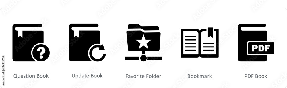 A set of 5 Document icons as question book, update book, favorite folder