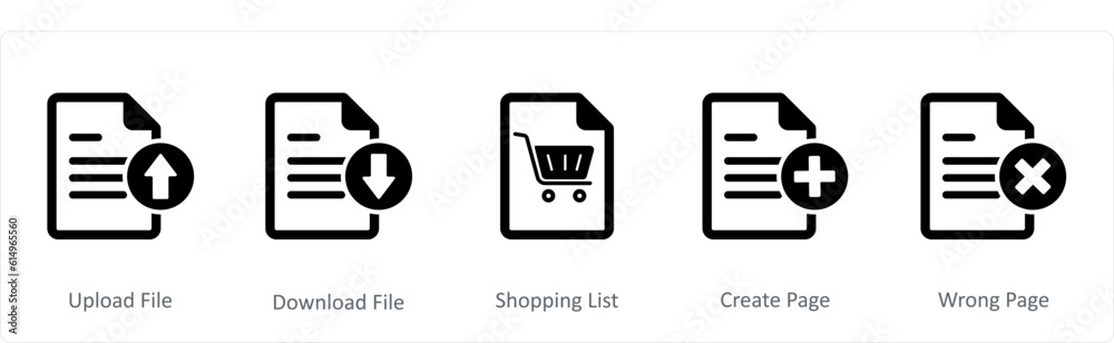 A set of 5 Document icons as upload file, download file, shopping list A set of 5 Document icons as upload file, download file, shopping list