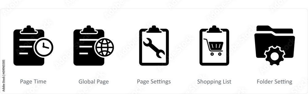 A set of 5 Document icons as page time, global page, page settings A set of 5 Document icons as page time, global page, page settings